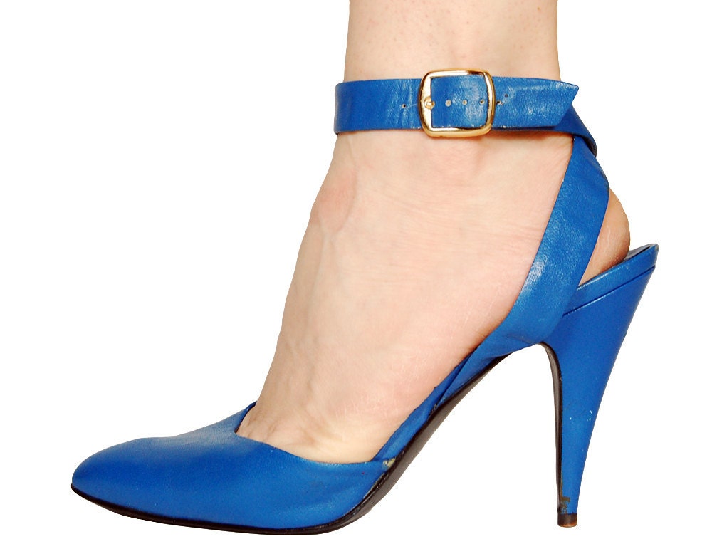 Aqua Blue Leather Ankle Strap Stilleto Party Heels Sz 7
