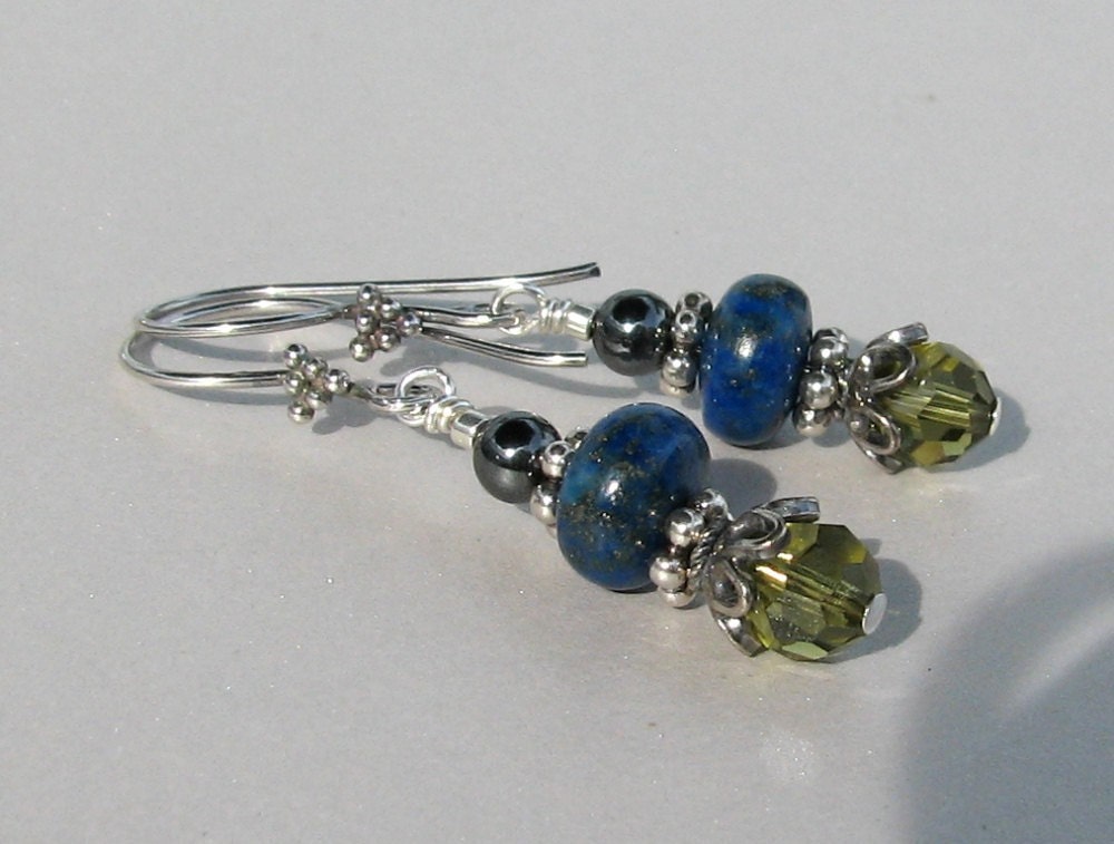 Lapis / Hematite and Swarovski Crystal Bali Silver Earrings
