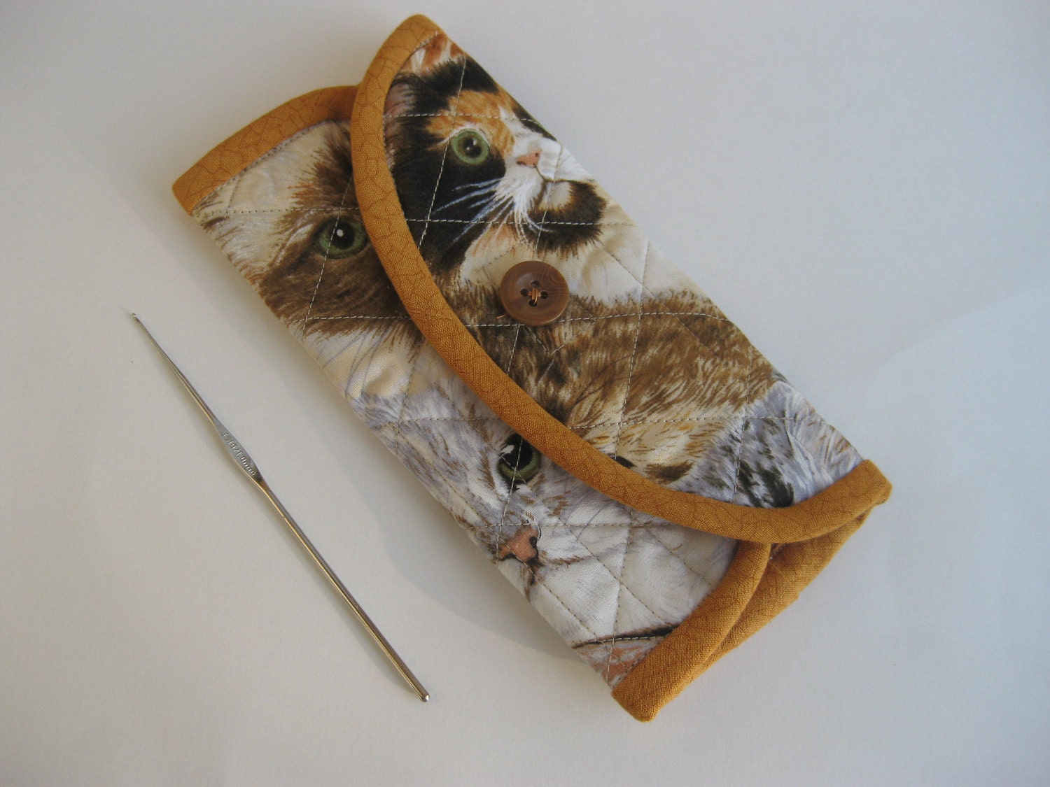 Crochet Hook Case - Cat Faces, quilted cotton gold carrying case for crochet hooks, tri fold hook storage