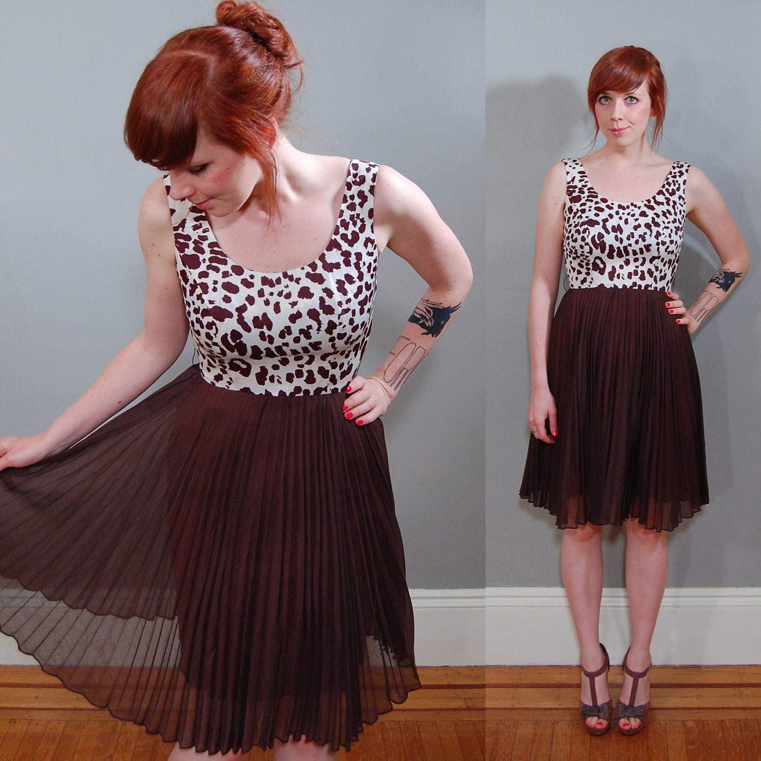 60's Chocolate Cream Cheetah Dress, S/M