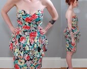 80's Bold Floral Ruffles Strapless Cotton Dress, M/L