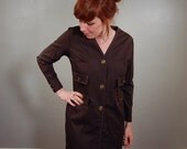 60's Chocolate Brown Military Style Cotton Dress, M