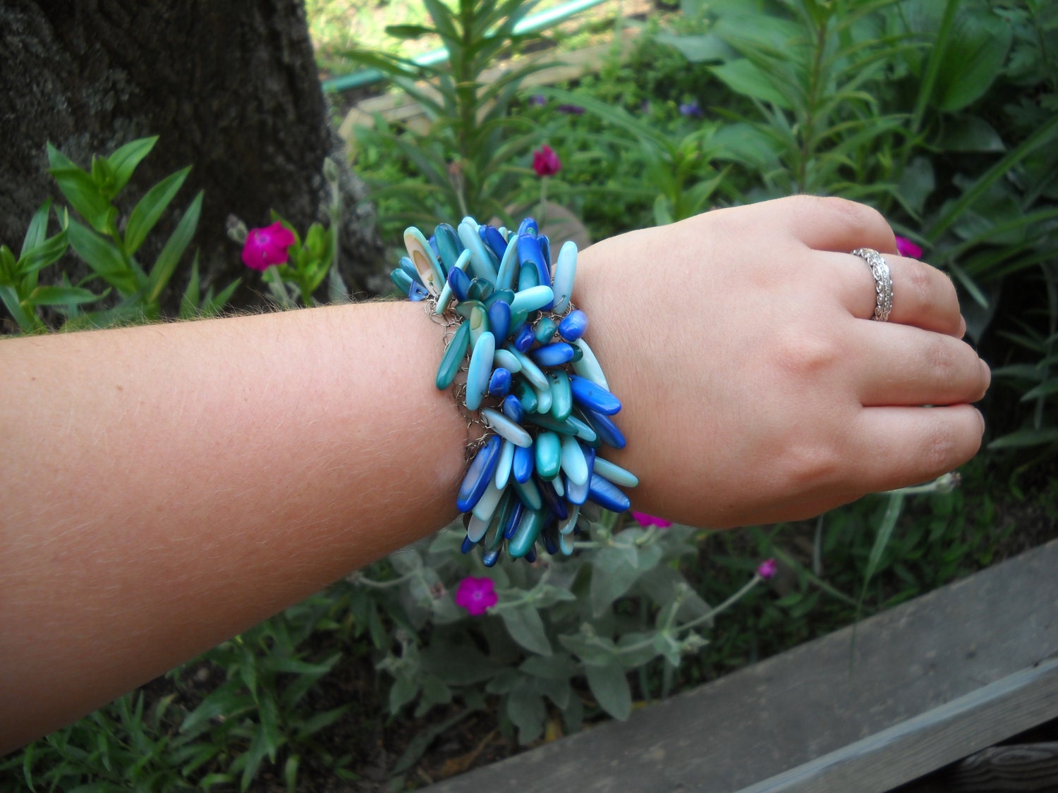 Wild Blue Spiky Cuff Bracelet Hypoallergenic Crochet Wire and Shells