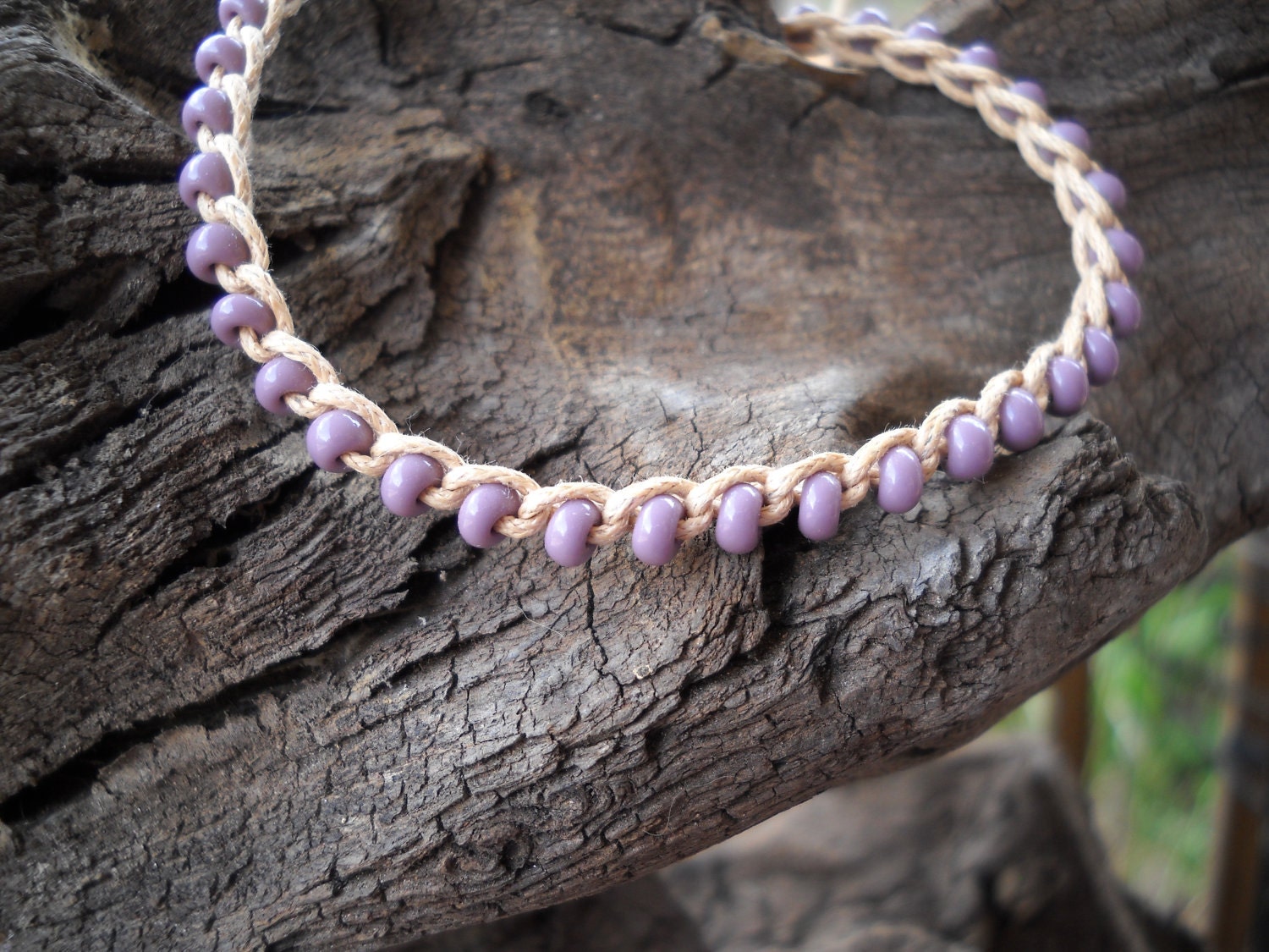 Anklet Crochet Natural Cotton and Purple Ties On Adjustable Length Durable