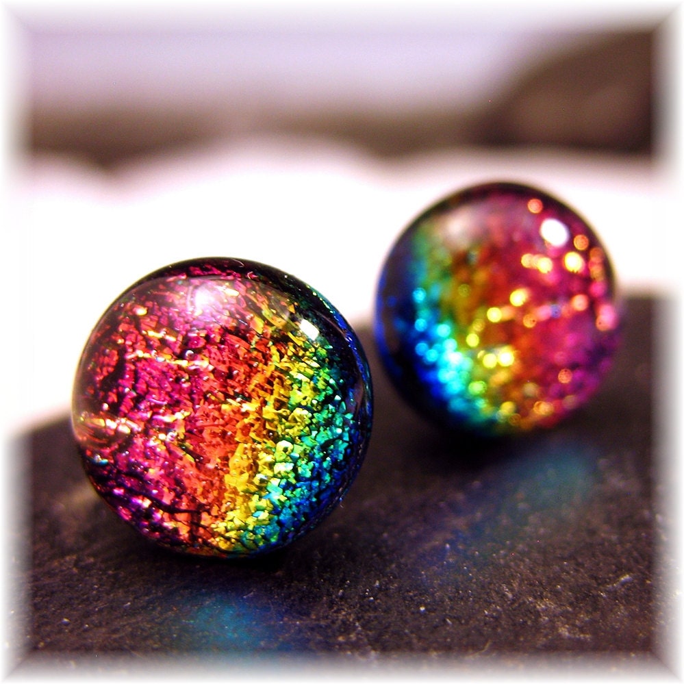 Sparkling Dichroic Cha Cha Rainbow Dichroic Fused Glass Post, Stud Earrings.