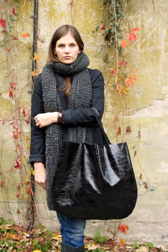 Black Oversized Leather Hobo Bag
