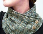 Neck Warmer Scarf inTurquoise and Taupe with Gold and Silver Buttons