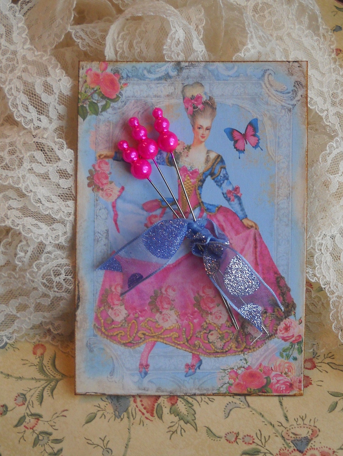 triple pearl Marie Antoinette straight pins -- hot pink