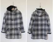 hooded wool jacket / grey plaid anorak / thick wool hooded coat
