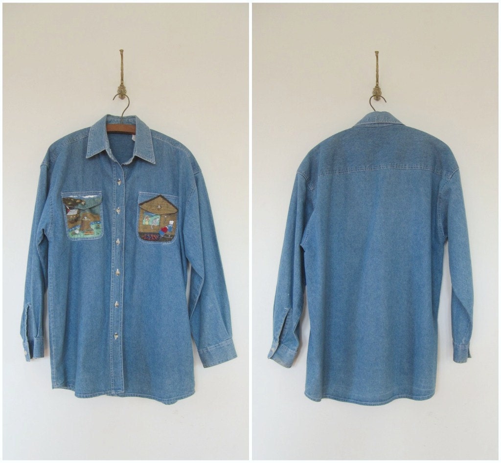denim folk art shirt / denim button down shirt / medium chambray shirt