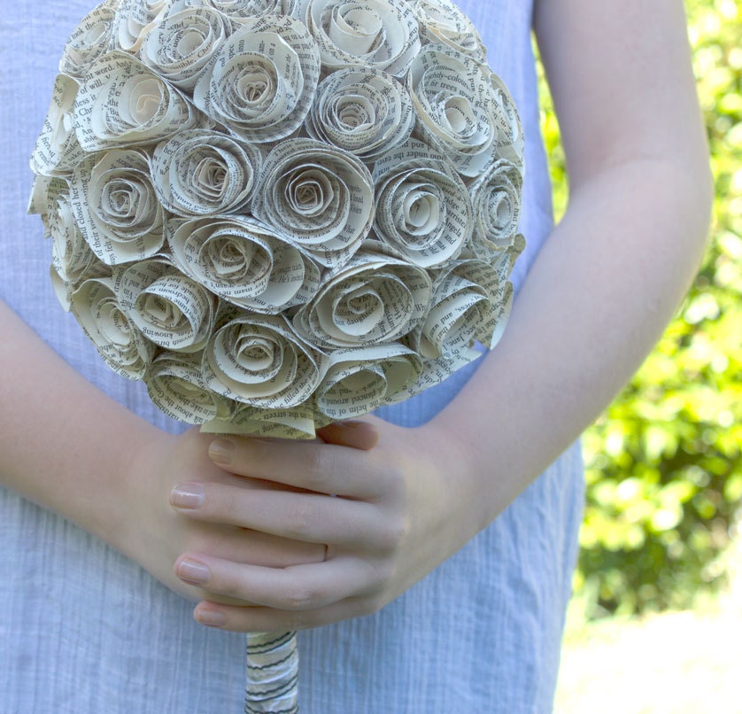 Eco Wedding Paper Bouquet - Recycled book origami OOAK pomander kissing ball