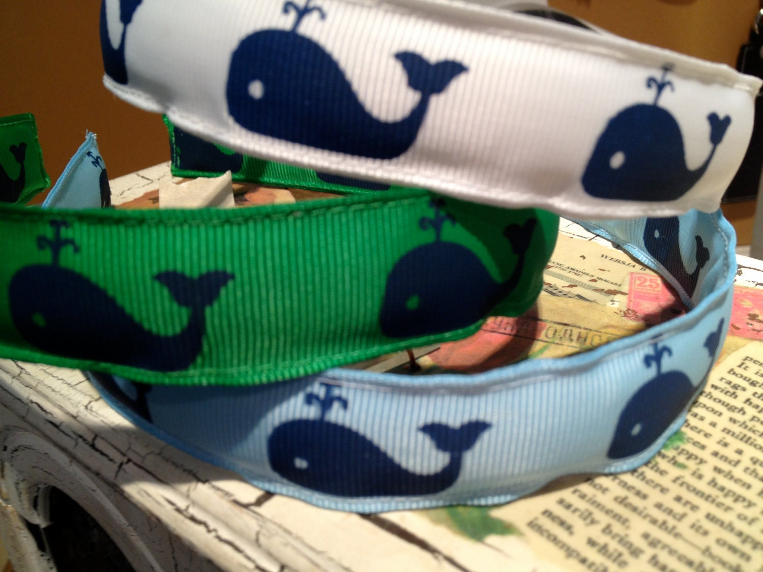 Boutique Preppy WHALES Ribbon Headband 7/8" width 3 colors to pick