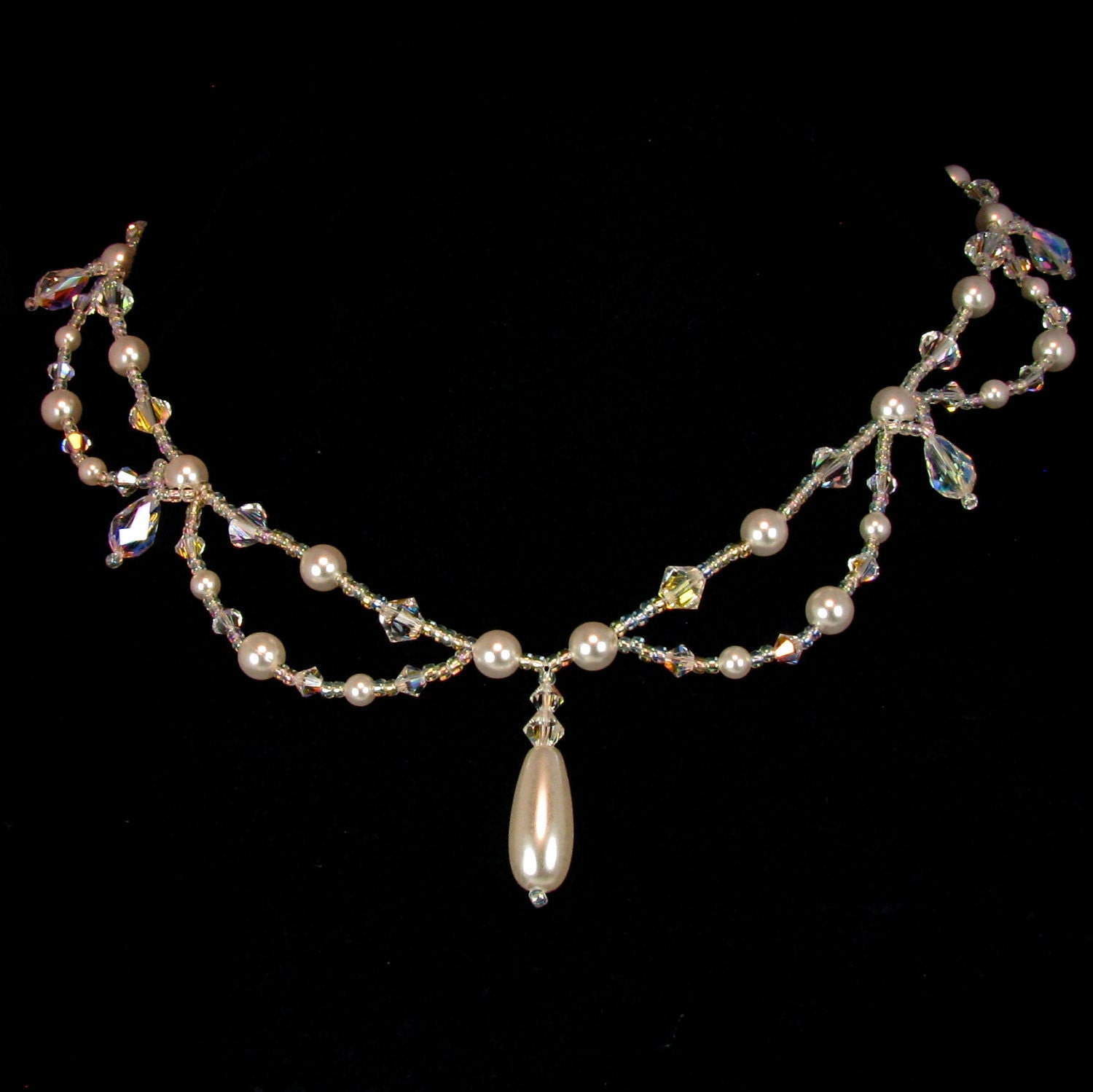 Bridal Necklace Swarovski Austrian Crystal Swag Drape Drop Pearl Hand Beaded Linda