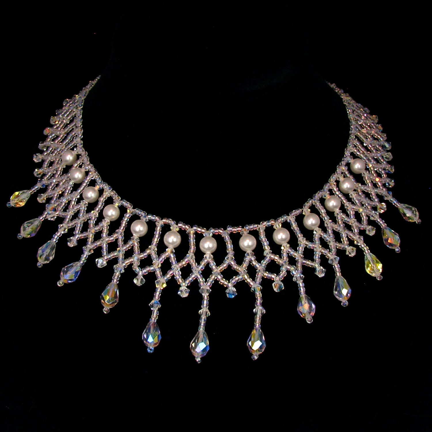 Bridal Necklace Collar Necklace Swarovski Drop Crystals Pearl Net Weave Beaded Corrina