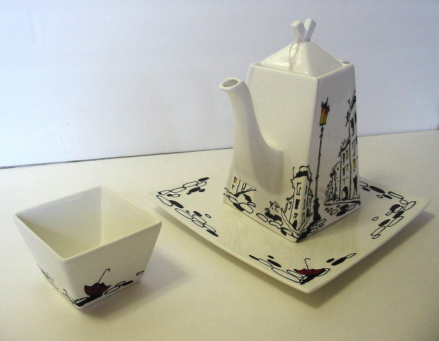 Teapot with Sugar Jar - RAINY STREET - Original decorative painting by Yury Tarler - tbteam