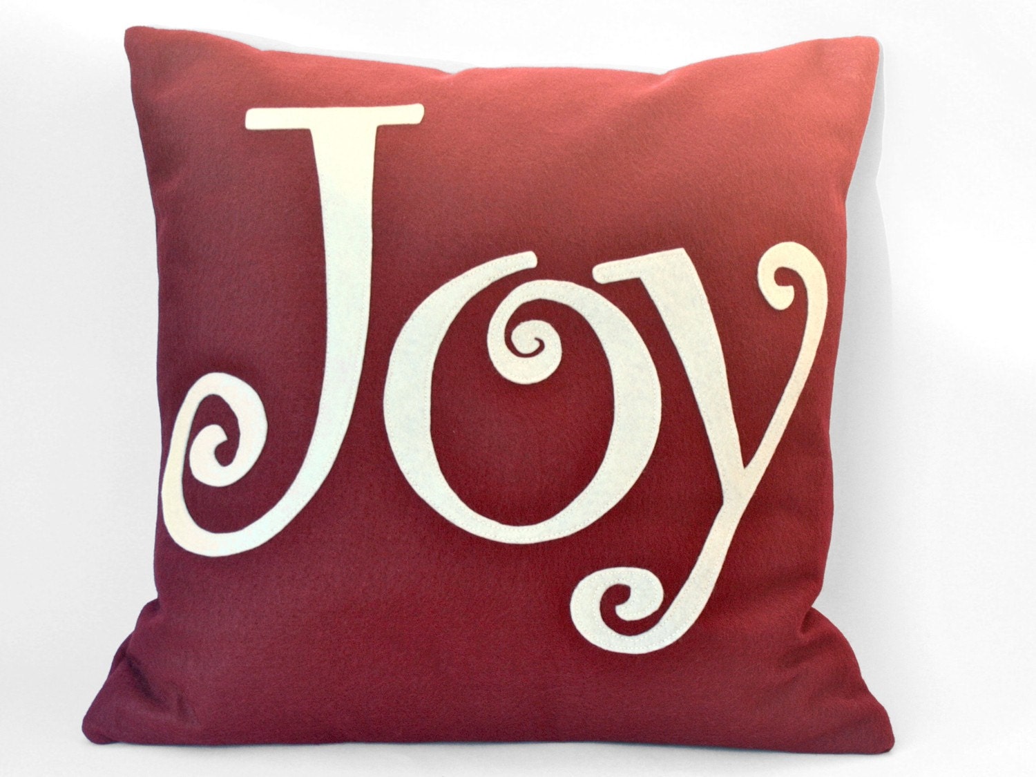 Joy - Appliqued Eco-Felt Pillow Cover in Ruby Red and Antique White - 18 inches