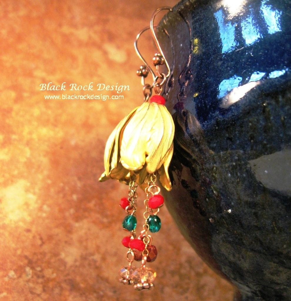 Gold, Crystal and Ruby Quartz Floral Earrings "Garden Glam"