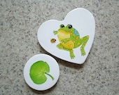 Frog and Lilly Pad on White Wood Circle and Heart Magnets - Kitchen Decor