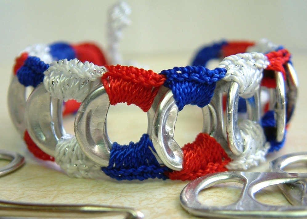 Patriotic Bracelet ReCycladelic Upcycled Pop Top Bracelet Patriot's Dream in Red White Blue soda tab tie on