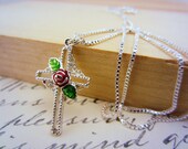 Silver cross necklace. Red rose, green leaf. Sterling vintage charm. New silver plated box chain. Gift for mom.