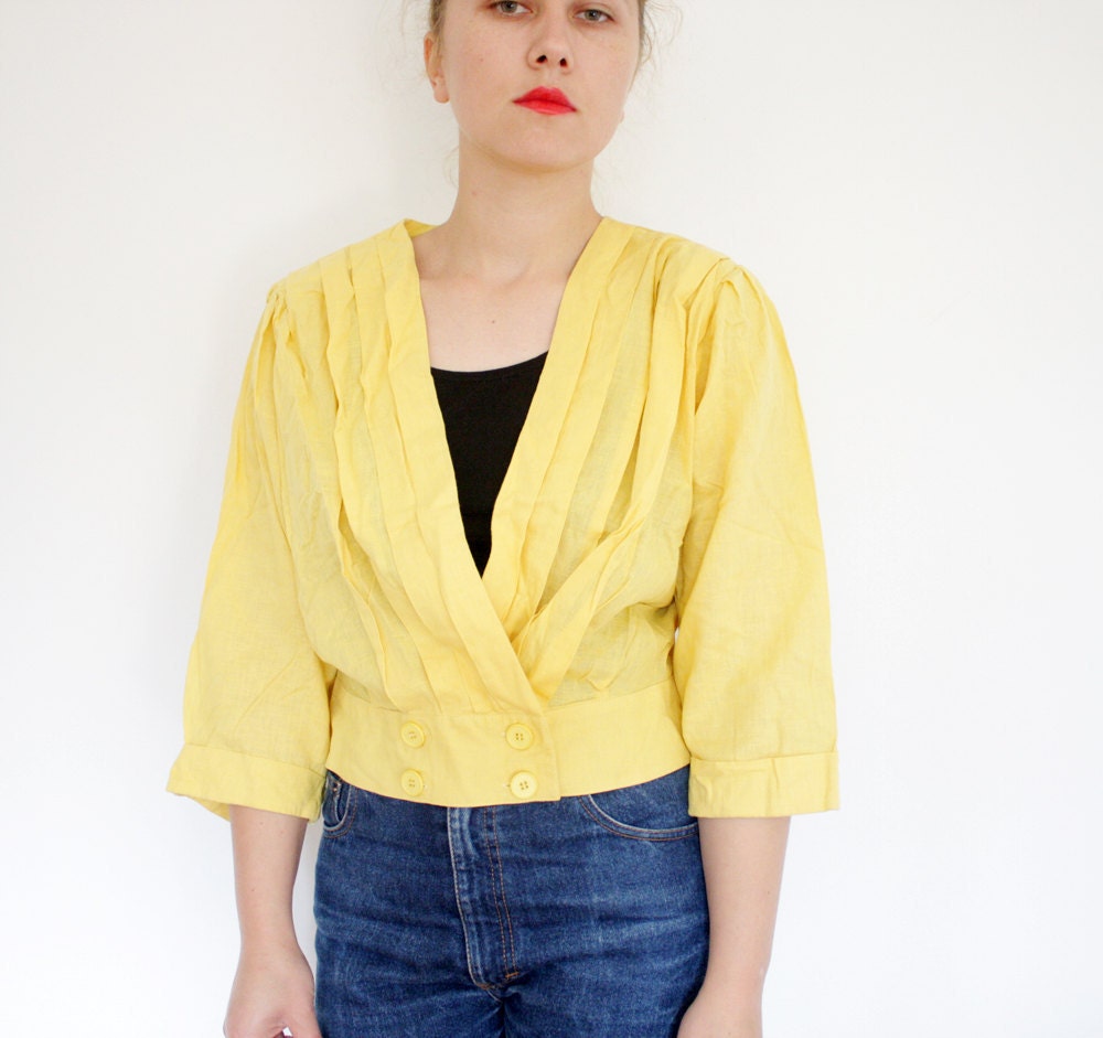 Vintage blazer / yellow pleated double breasted jacket / size M