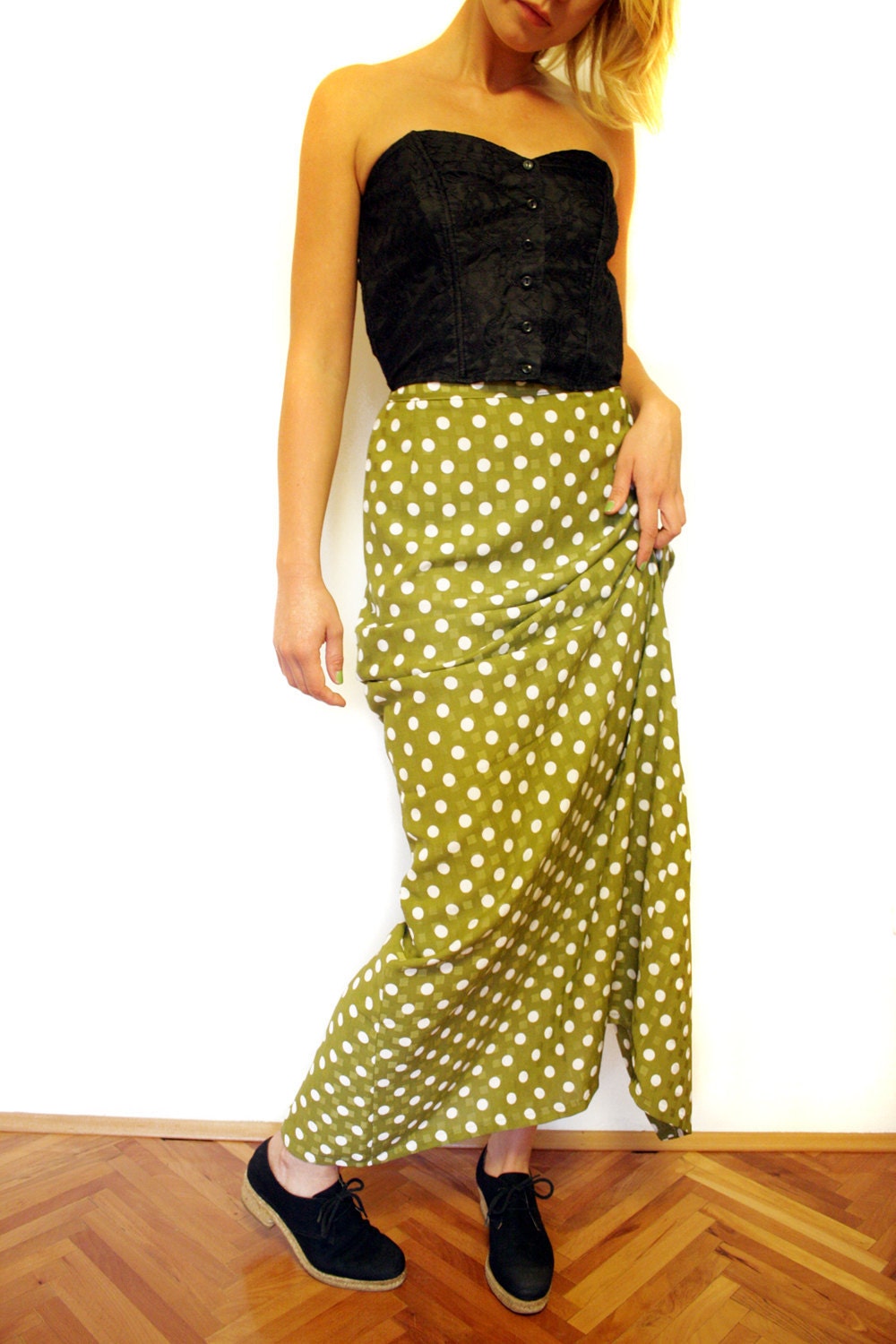 Vintage skirt / green and white polka dot maxi / size L
