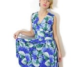 Vintage dress / blue and green floral sleeveless / size M-L