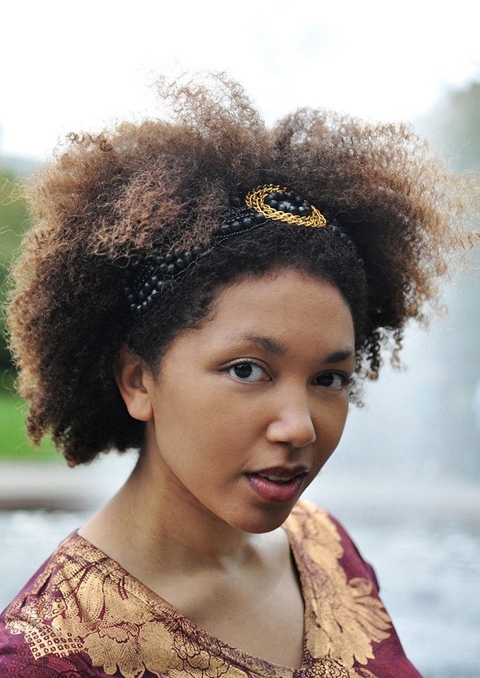 Natural Hair Headband Black Beaded Elastic