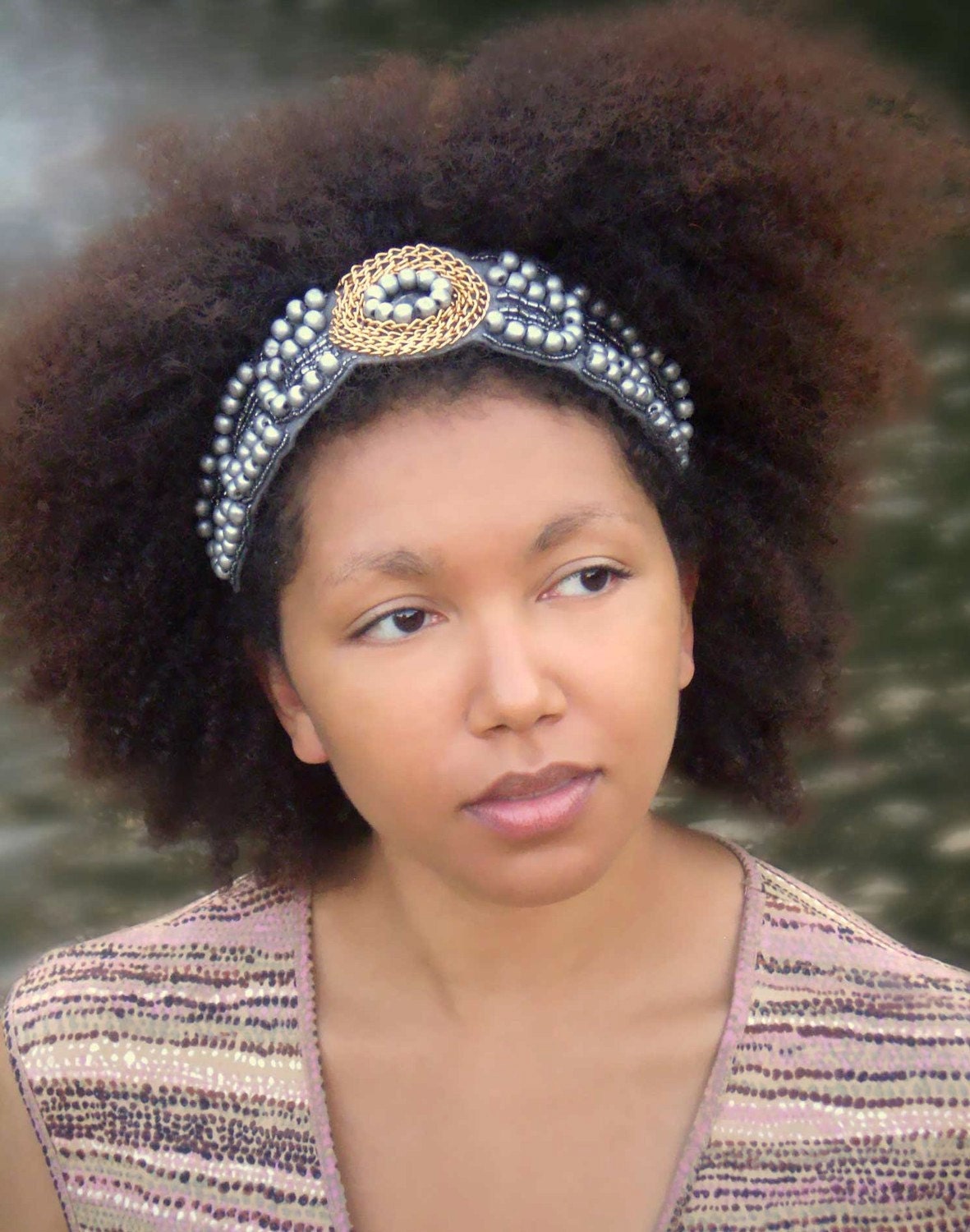 Thick Hair Accessories Headband Grey Beaded Bohemian