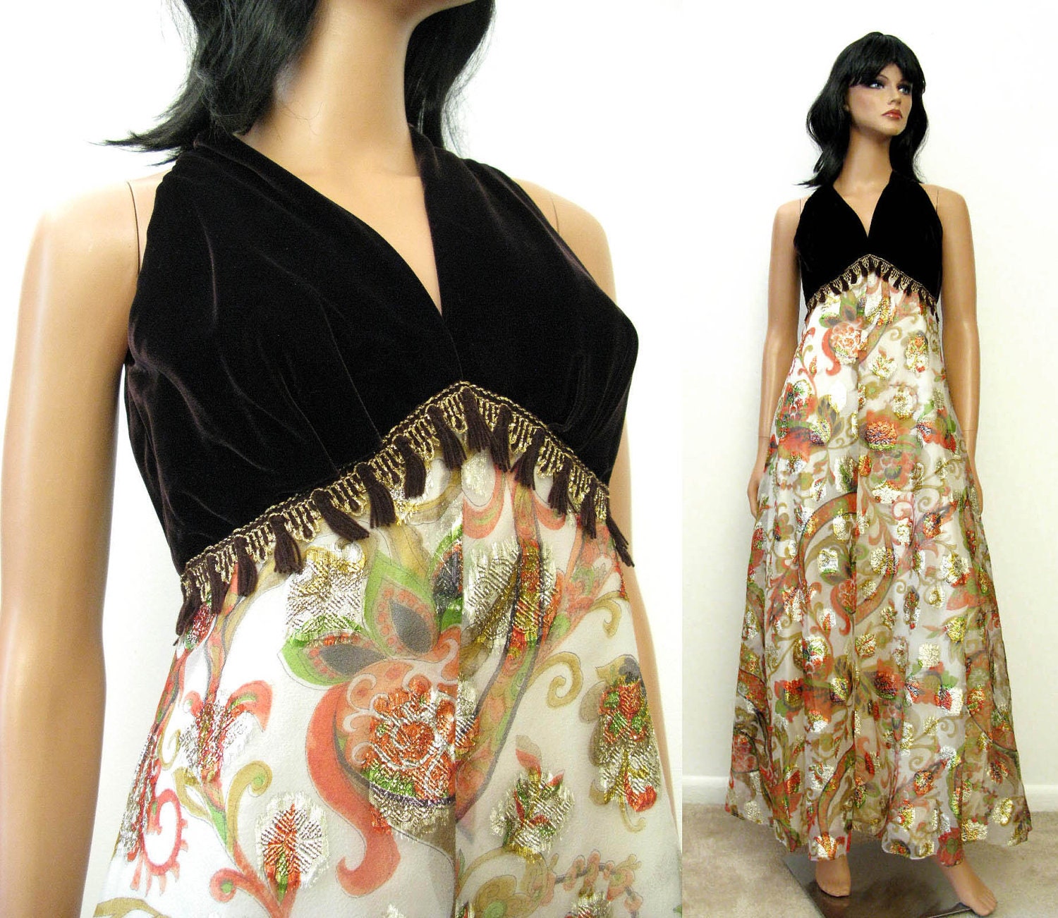 1970s Evening Gown - Vintage Long Brown Velvet Metallic Gold Chiffon Sleeveless Maxi Cocktail Dress S Glam Paisley  FREE US Shipping