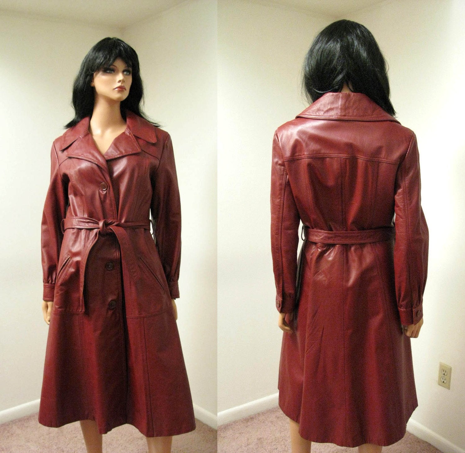 Long Leather Trench Coat - Vintage 70s Reddish Brown Leather Spy Girl Coat S M FREE US Shipping