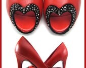 Red Hot Sassy Retro Heart Shaped Peep Toe Heels Stilettos Leather Wedding Bridal Shoes Rhinestones Wedding