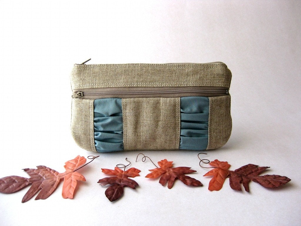 Natural linen clutch,  pouch- The Nostalgic Pouch in linen/light blue