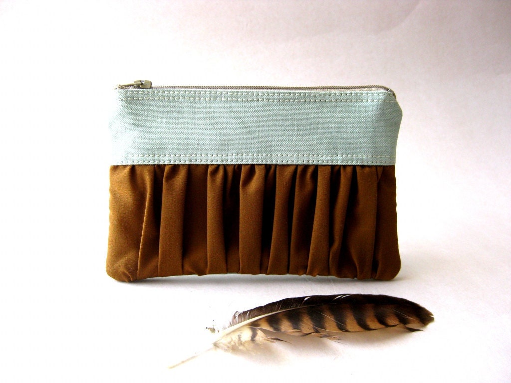 Zipper pouch, purse - The True Romantic Coin Purse in light blue-green / brown