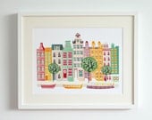 Canal houses and boats - Large A3 cityscape print