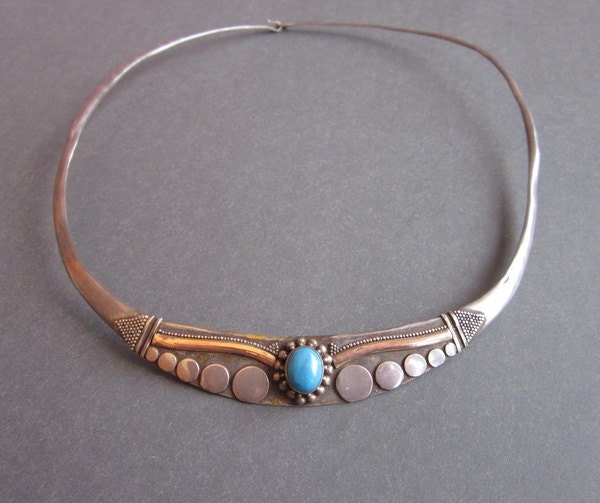 Bali 925 Sterling Silver vintage Choker Necklace / Turquoise / silver Necklace / 18 ct gold foil / Handmade jewelry.