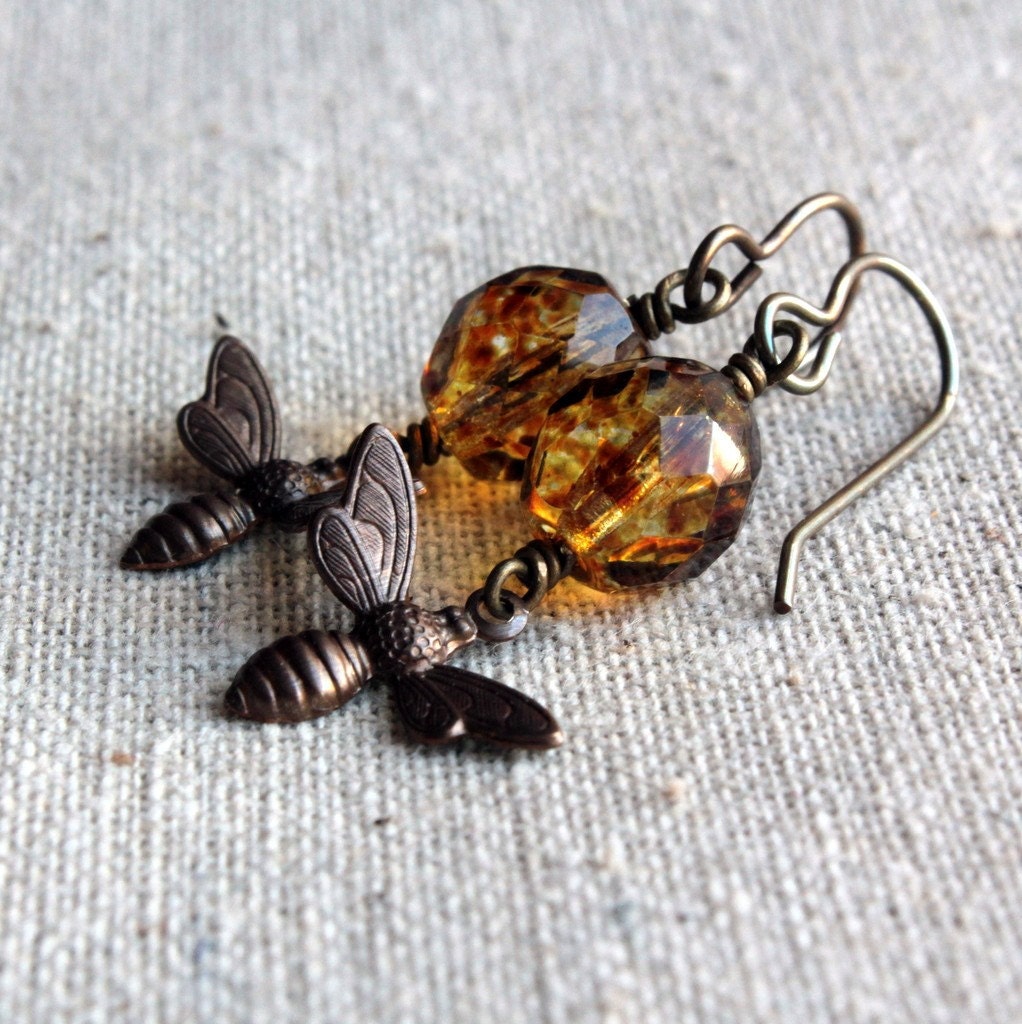 Honey Bee Earrings with Golden Czech Glass Beads - Honey Bee Summer Fashion Garden