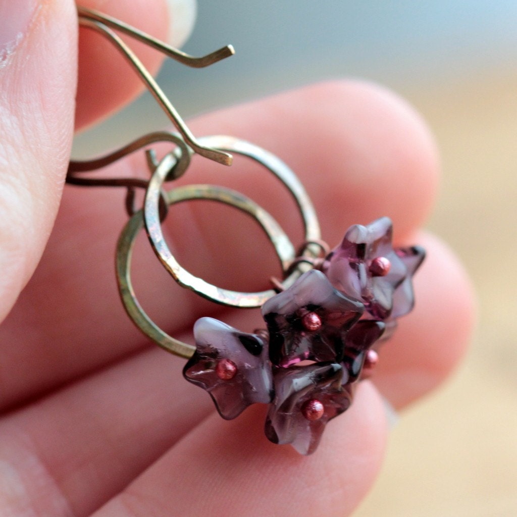Flower Earrings with Purple Czech Glass Beads and Small Hoops- Cherry Blossoms Garden Floral Botanical
