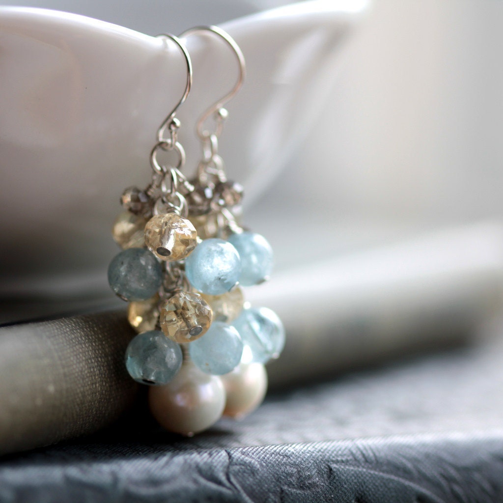 Seaside Wedding Earrings Cluster Gemstone and Pearl Earrings with Aquamarine, Citrine and Smoky Quartz - June November Birthstone