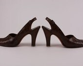 Vintage Mad Men Alligator Heels Sling Back Peep Toe Brown 6 1950s 1960s Sexy