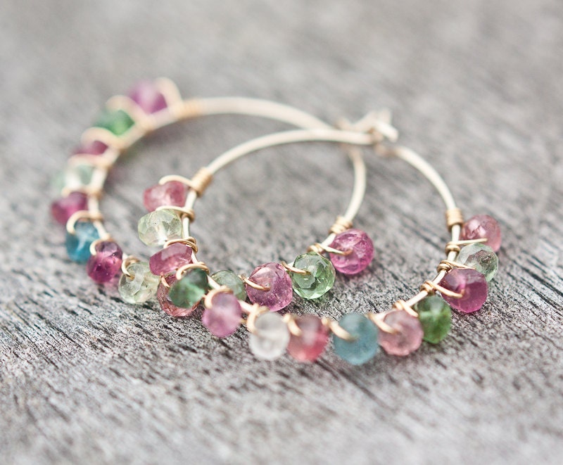 Hoop Earrings Colorful Tourmaline Luxury 14K Gold wire wrapped pastel multicolor organic design tbteam
