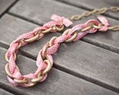 Polka Dot Long Statement Necklace Chain Pink and White Silk Ribbon Mixed Media Romantic Ladies Pin Up Girls Bohemian style