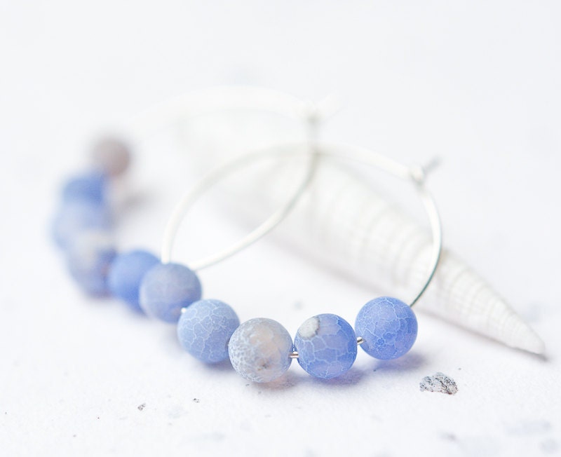 Simple Hoops Earrings Blue Periwinkle Web Agate Argentium Sterling Silver Modern summer jewelry nautical beach jean tbteam