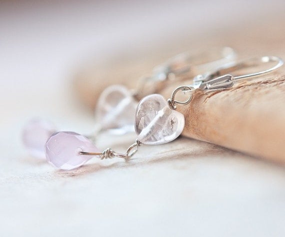 Earrings Heart Shape Pink Quartz Chalcedony Teardrop Sterlings Silver romantic pastel tbteam