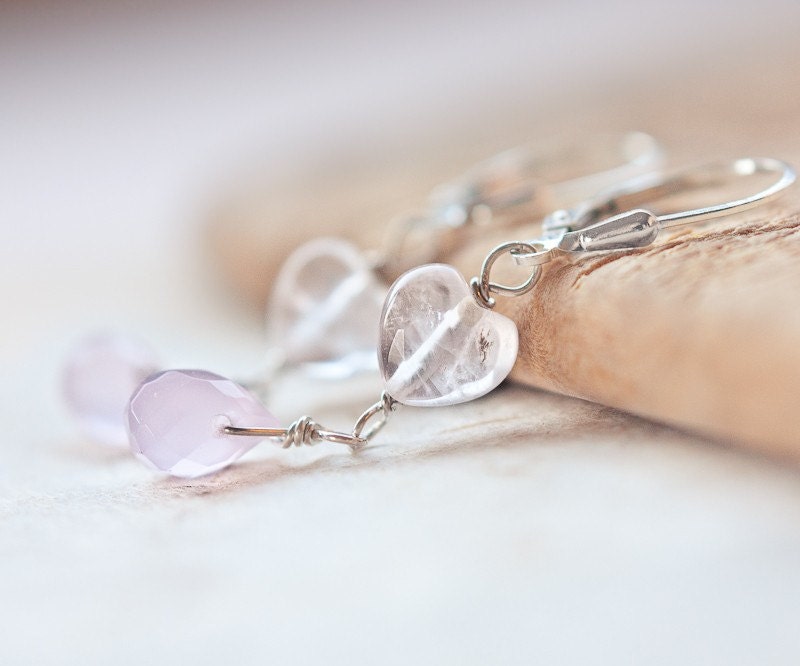 Earrings Heart Shape Pink Quartz Chalcedony Teardrop Sterlings Silver romantic pastel tbteam