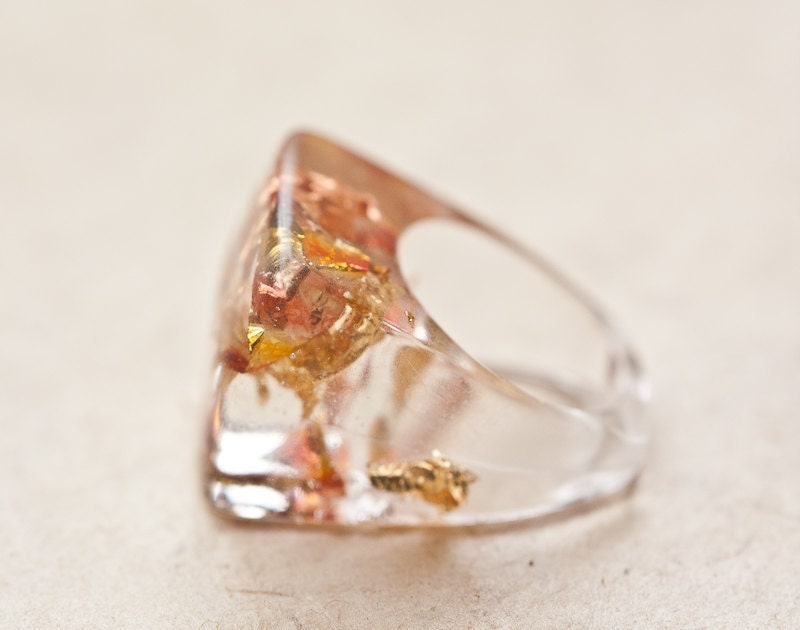 Resin Ring Gold Flakes Square Shape Cocktail Ring OOAK pastel peach romantic rusteam
