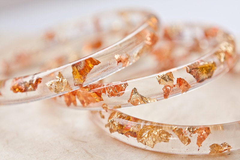 Resin Bangle Bracelet Gold Flakes Small Cuff OOAK tbteam glam fall fashion free shipping