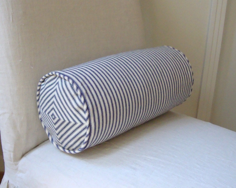 Navy and Off White Ticking Stripe 6x15 inch Neck Roll Pillow Cover with Mitered Ends