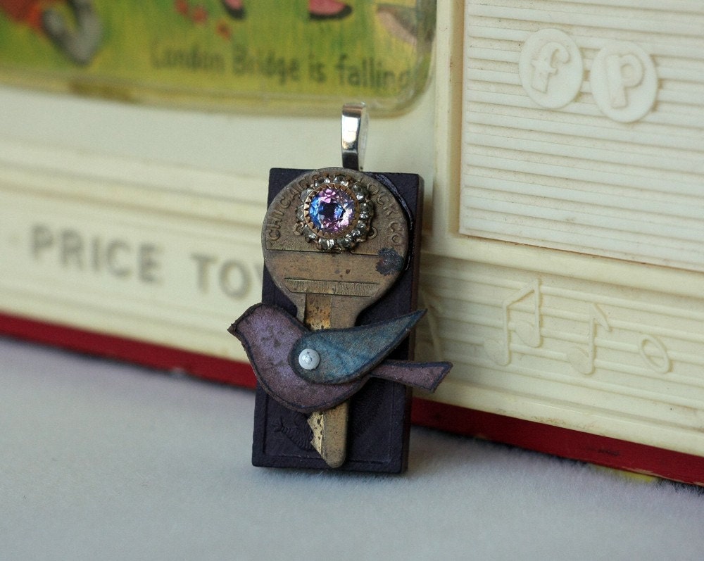 The Key - recycled DOMINO art pendant