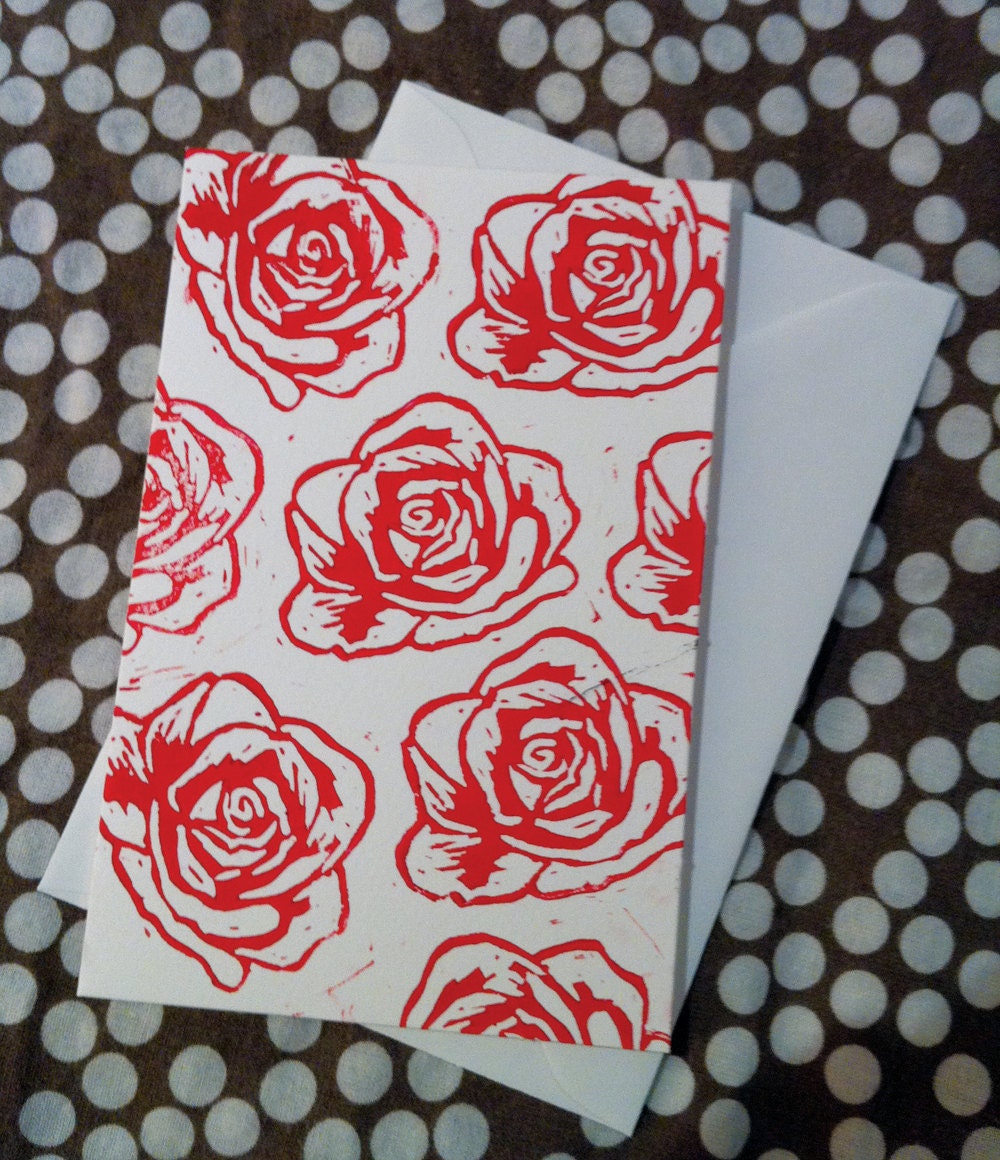 Hand Printed Linocut Valentines Rose Card